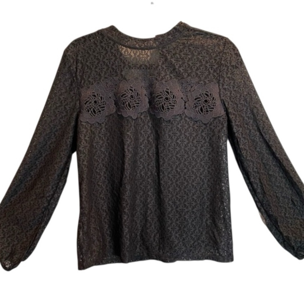 Ann Taylor LOFT Blouse Size L Dark Gray Sheer Lace Cottagecore Peasant Crochet